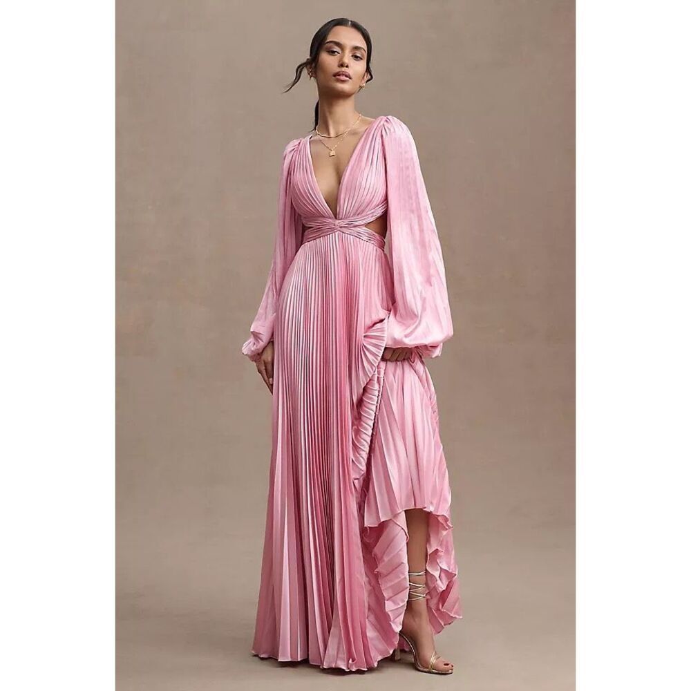IEENA Mac Duggal Pink Pleated Satin Maxi Dress Size 2 Open Back Long Sleeve Form
